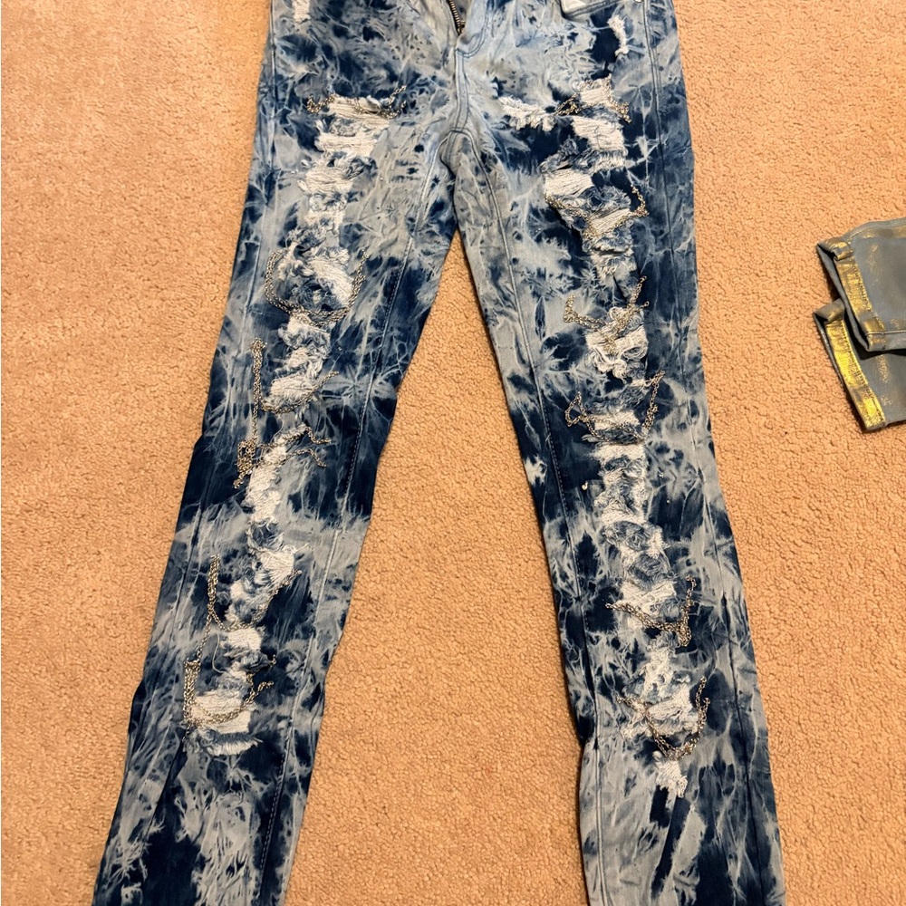 bebe Blue and White Distressed Skinny Jeans